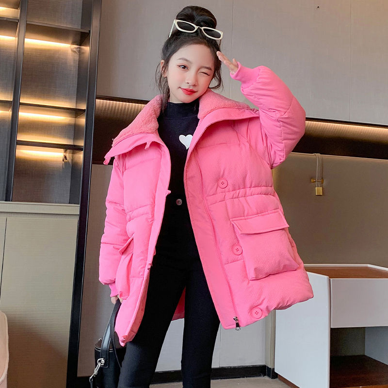 女童冬装棉衣外套2023加绒加厚大翻领女孩外套毛绒网红新