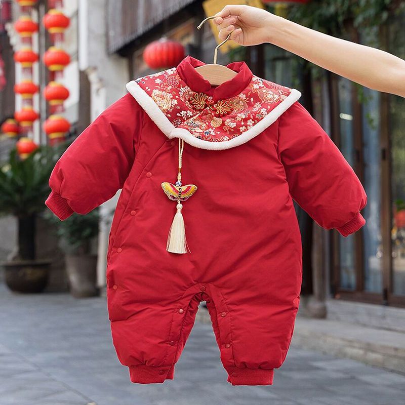 婴儿拜年服女宝宝新年装加厚保暖连体衣服冬季公主满月周
