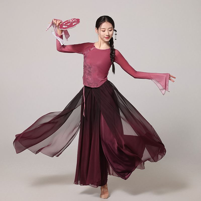 古典舞身韵练功服女飘逸演出服领网纱衣上衣形体艺考女服装中国风