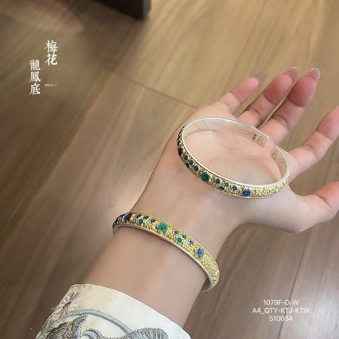 足银手镯 银手镯女足银999.9珐琅描金梅花银镯子国潮时尚气质百搭