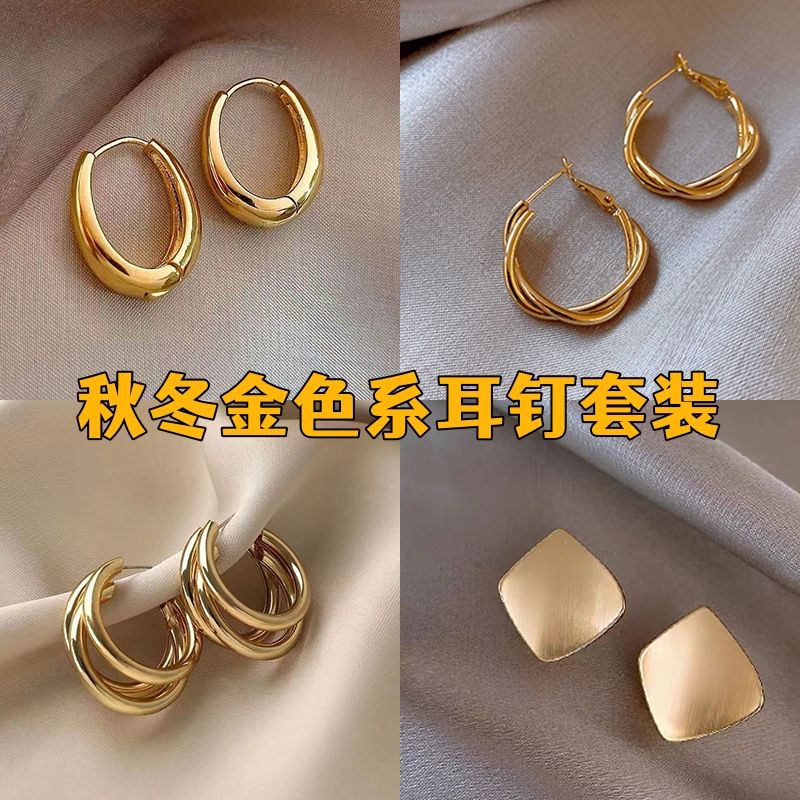 复古轻奢金色港风耳环女2023年新款潮高级感耳圈小众设计金属耳饰