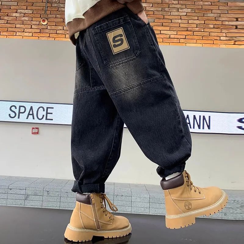 男童加绒洋气牛仔裤2024帅气新款儿童裤子中大童炸街宽松长裤