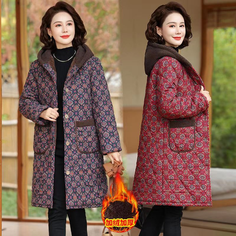 妈妈冬装长款棉衣连帽外套中老年女加绒加厚洋气棉服奶奶碎花棉袄
