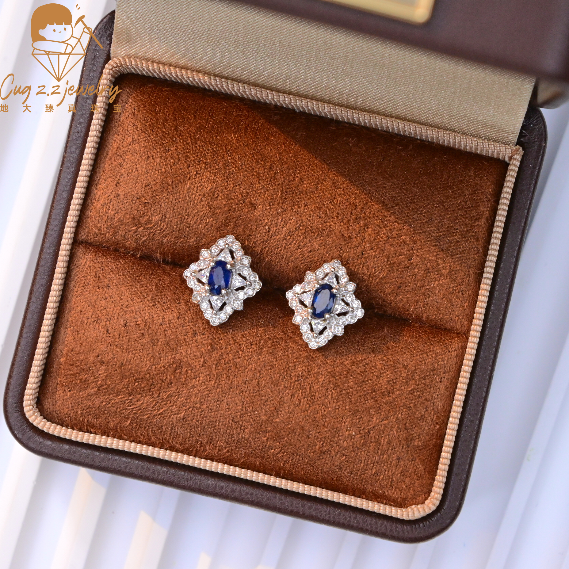 天然蓝宝石耳钉复古意大利工艺重工耳饰气质银耳饰925银
