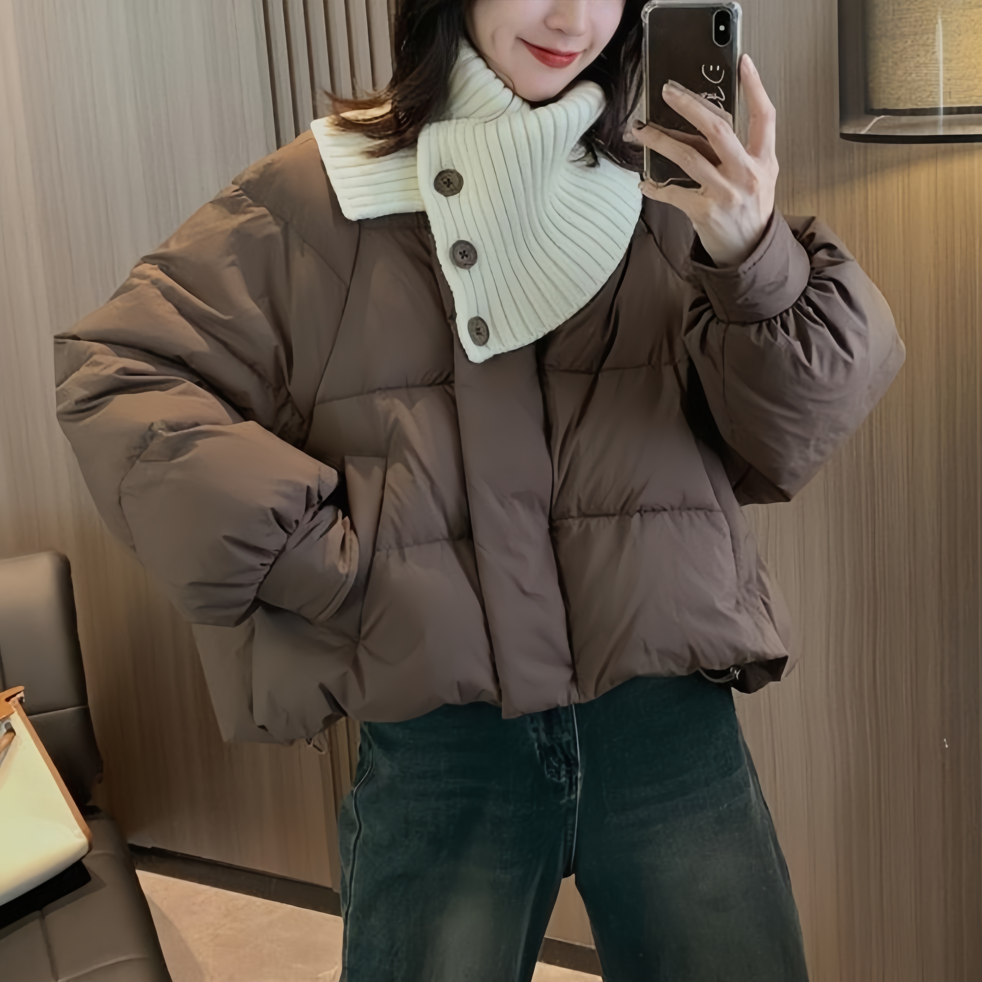 韩版毛线领拼接羽绒服女短款2023网红加厚宽松保暖冬季潮百搭休闲