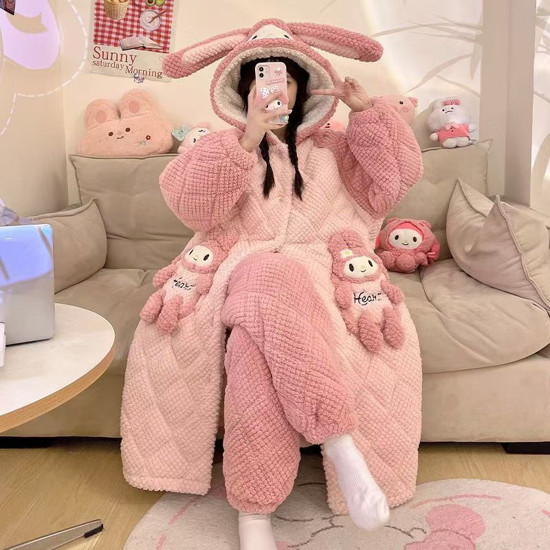 三层夹棉冬季睡衣冬季加绒加厚连帽睡袍女士冬天家居服保暖可外穿