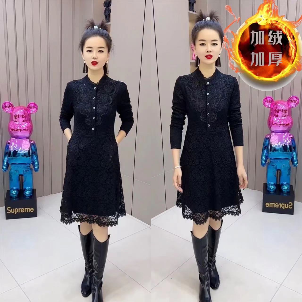 连衣裙女2025秋冬新款加绒加厚蕾丝裙网红时尚遮肉显瘦打底裙时尚