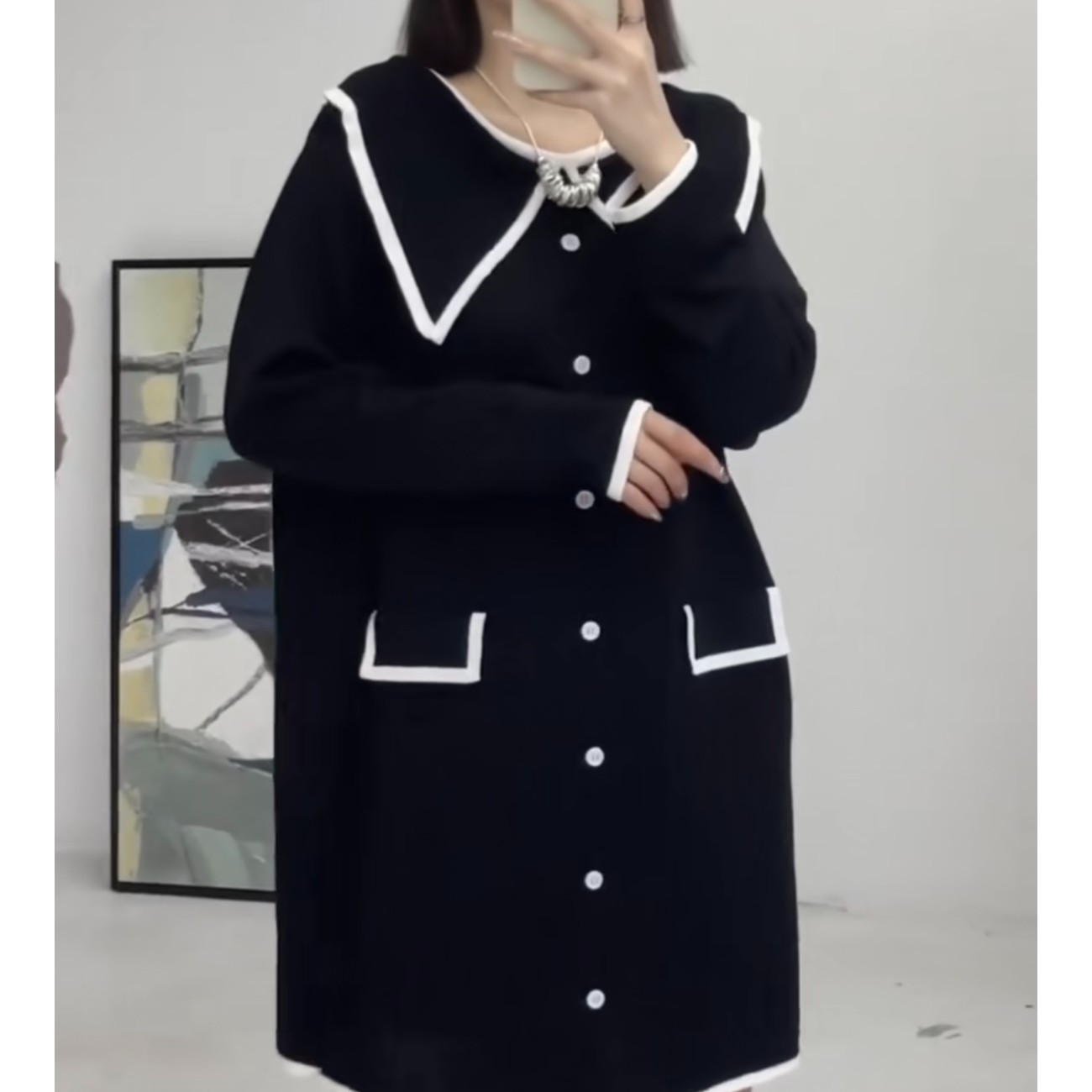 大码女装通勤连衣裙新款撞边小香风简约翻领气质中长款SMQ8177