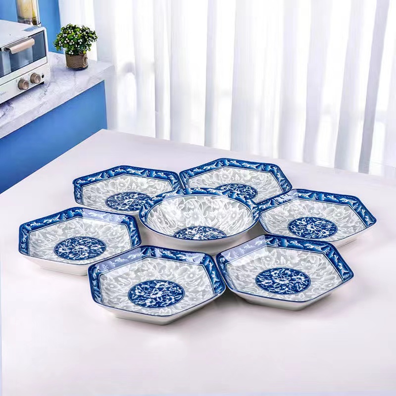 [直播福利]青花六角盘6个+一个8英寸斗笠汤碗青花瓷盘子陶瓷