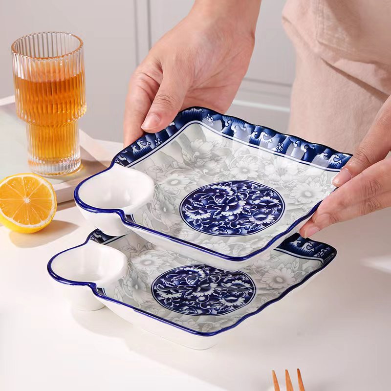 2个青花瓷陶瓷饺子盘釉下彩工艺