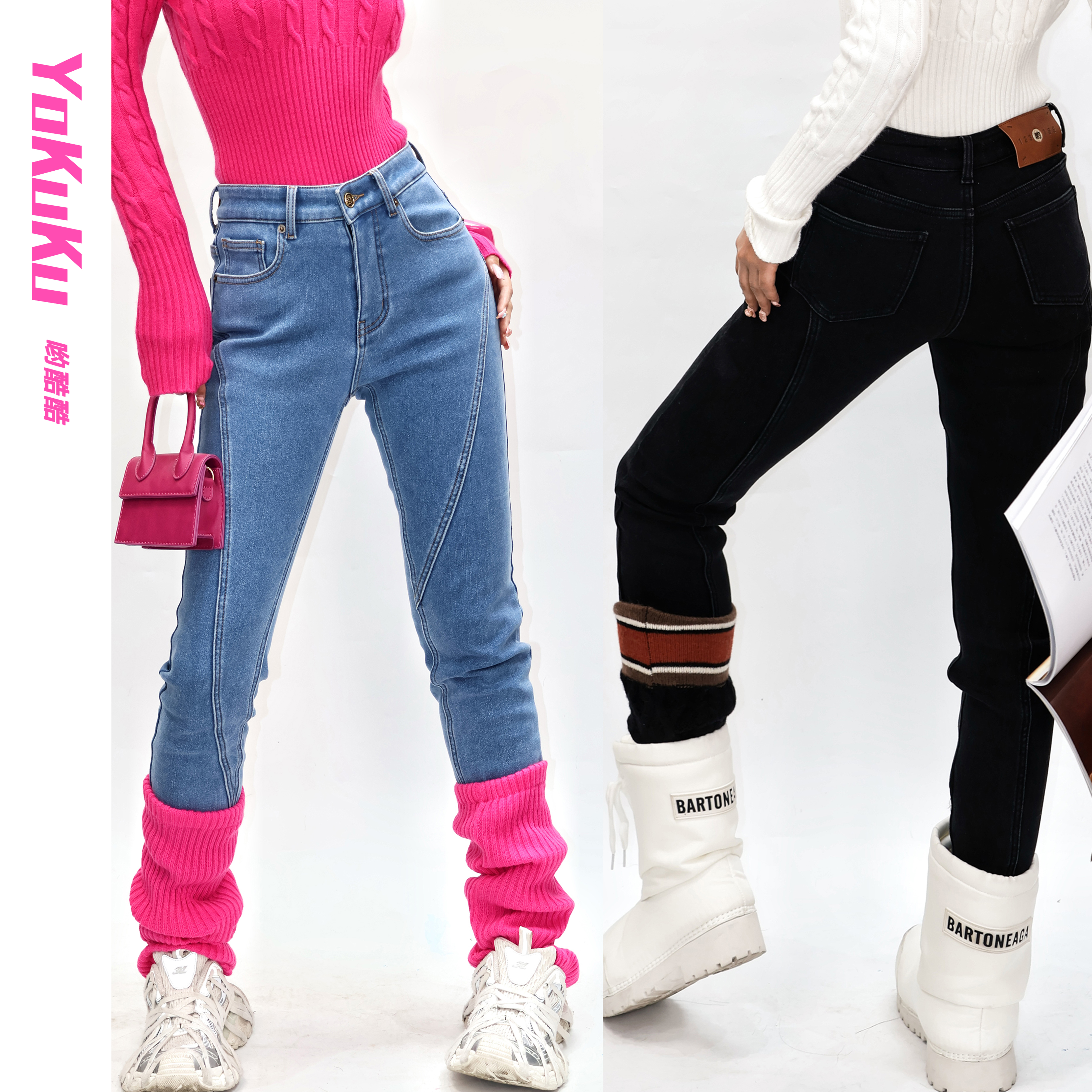 哟酷酷（芭比公主）美式复古加厚绒提臀修身显瘦牛仔裤休闲弹力