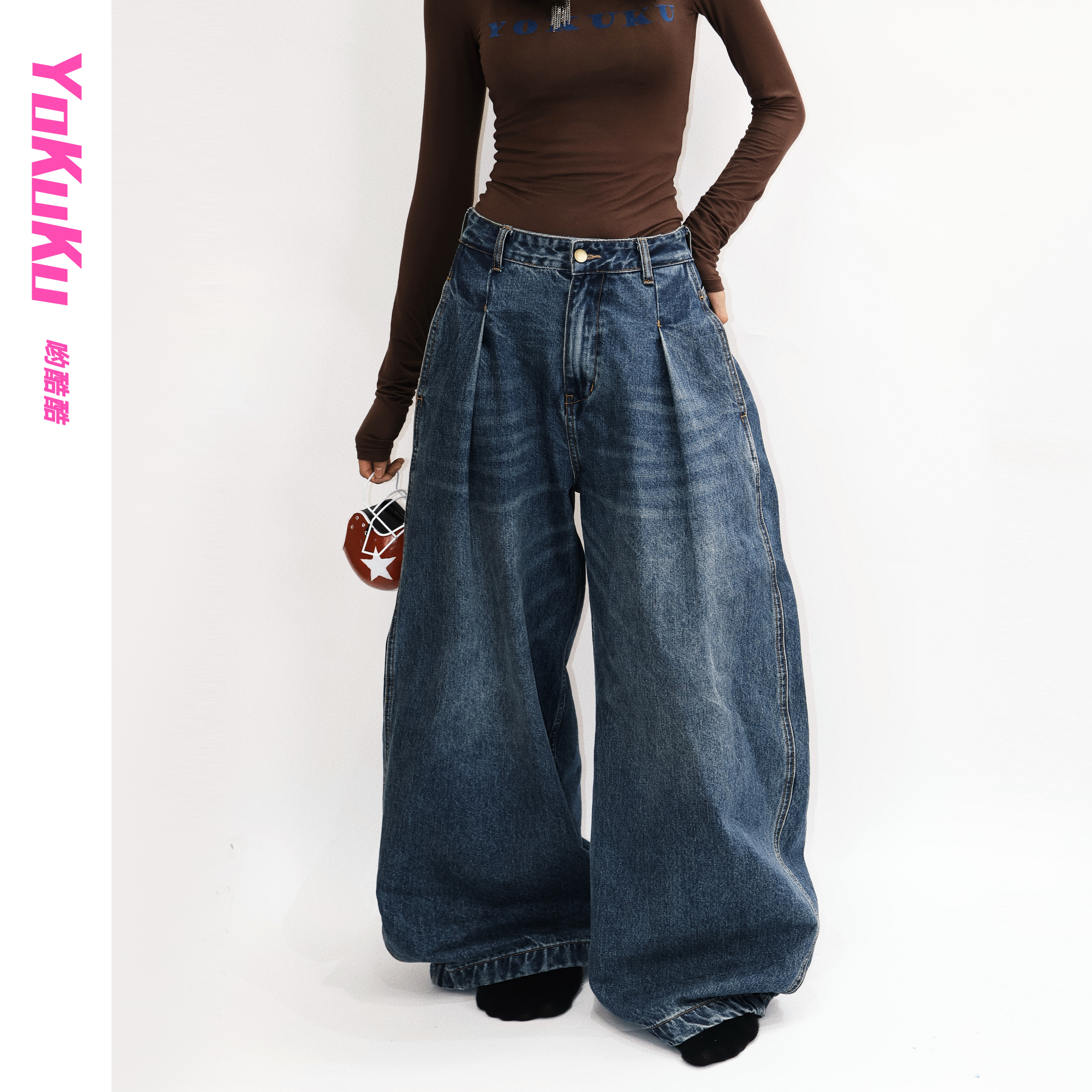 哟酷酷（巴黎铁塔）新款复古显瘦显高3D立体弯刀裤阔腿牛仔裤