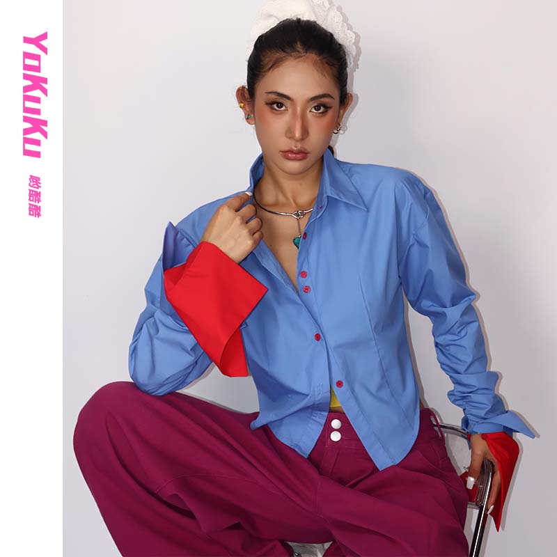 哟酷酷（天才少女）美式设计衬衫可拆卸撞色袖时尚百搭显瘦开衫衬衣