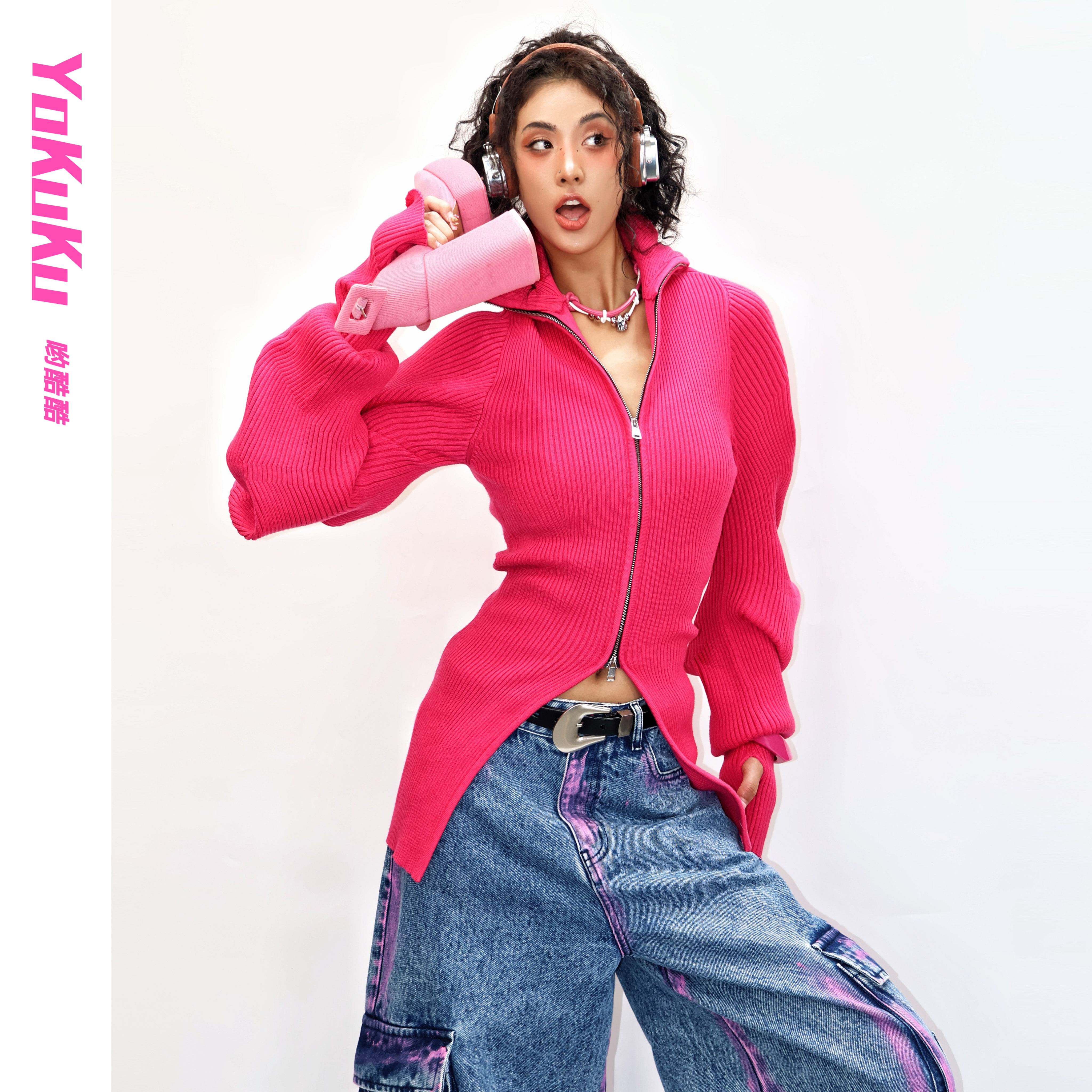 哟酷酷（久处怦然）秋冬时尚双拉链拇指袖针织开衫毛衣气质显瘦女装