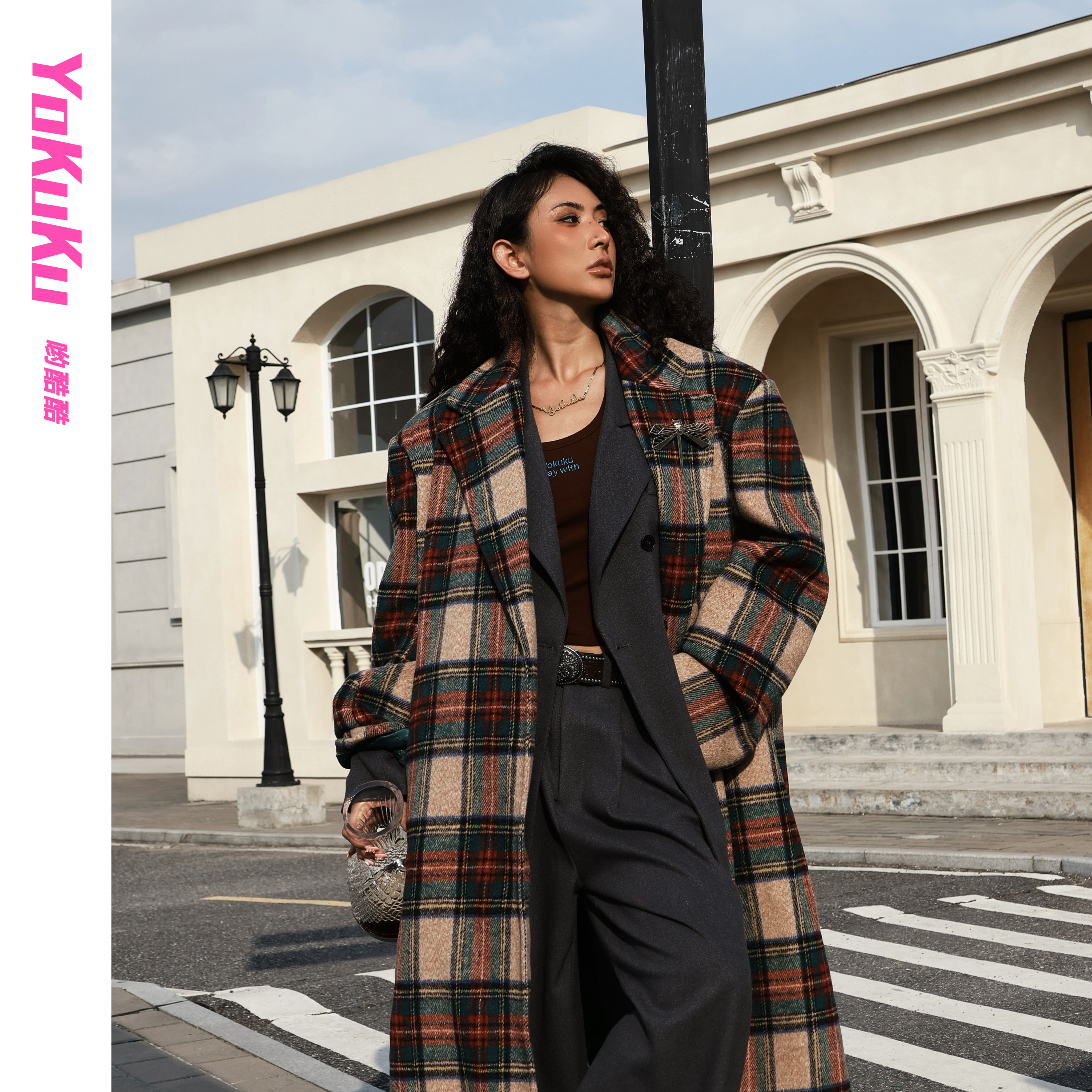 哟酷酷（冬日暖阳）秋冬经典格纹正肩百搭长款过膝加棉长大衣外套