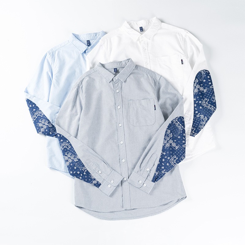 春秋新品全棉面料男士百搭牛津纺长袖衬衫男腰果补丁装饰日单