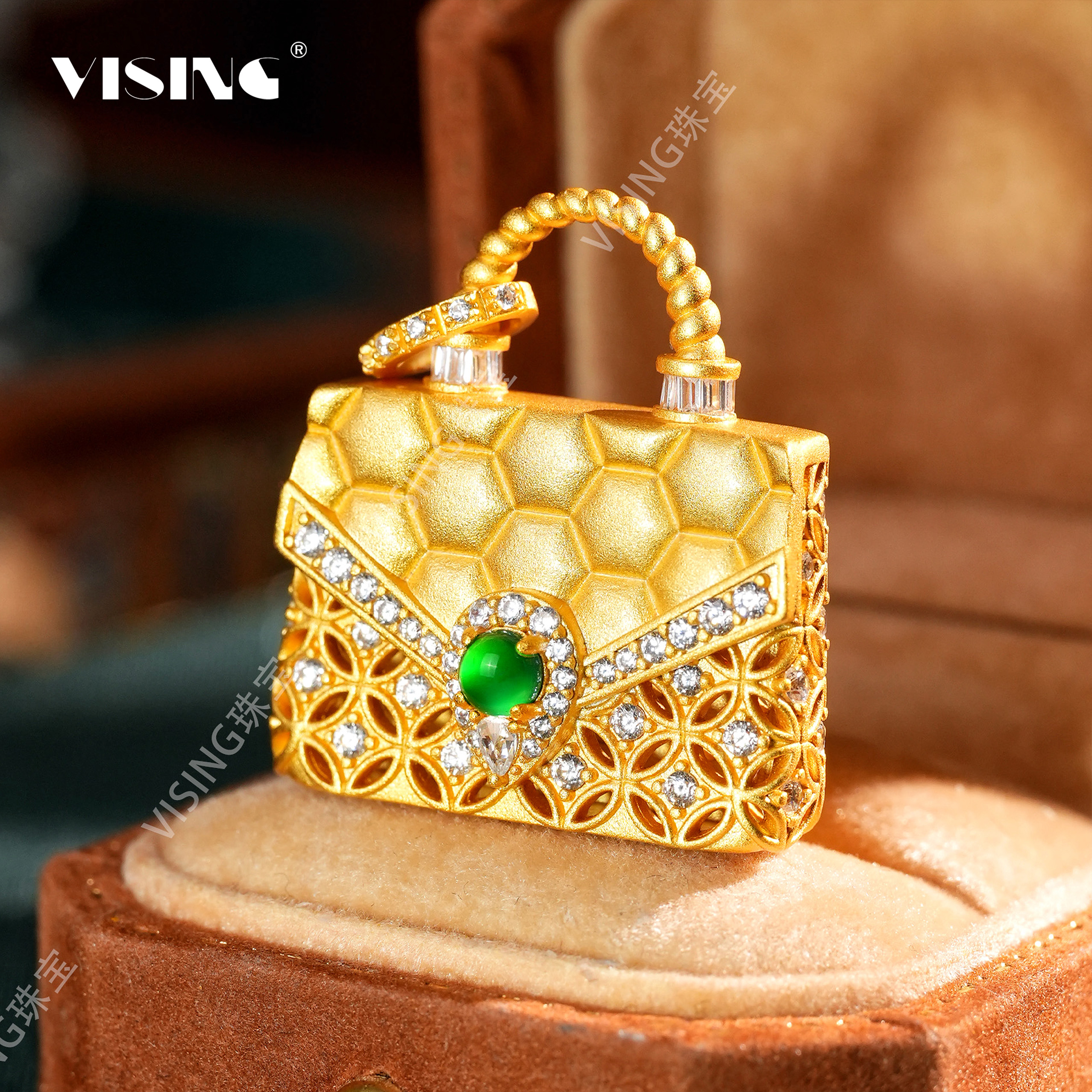 吊坠925银合成锆石 VS珠宝 金色大包包吊坠项链挂坠国风新中式