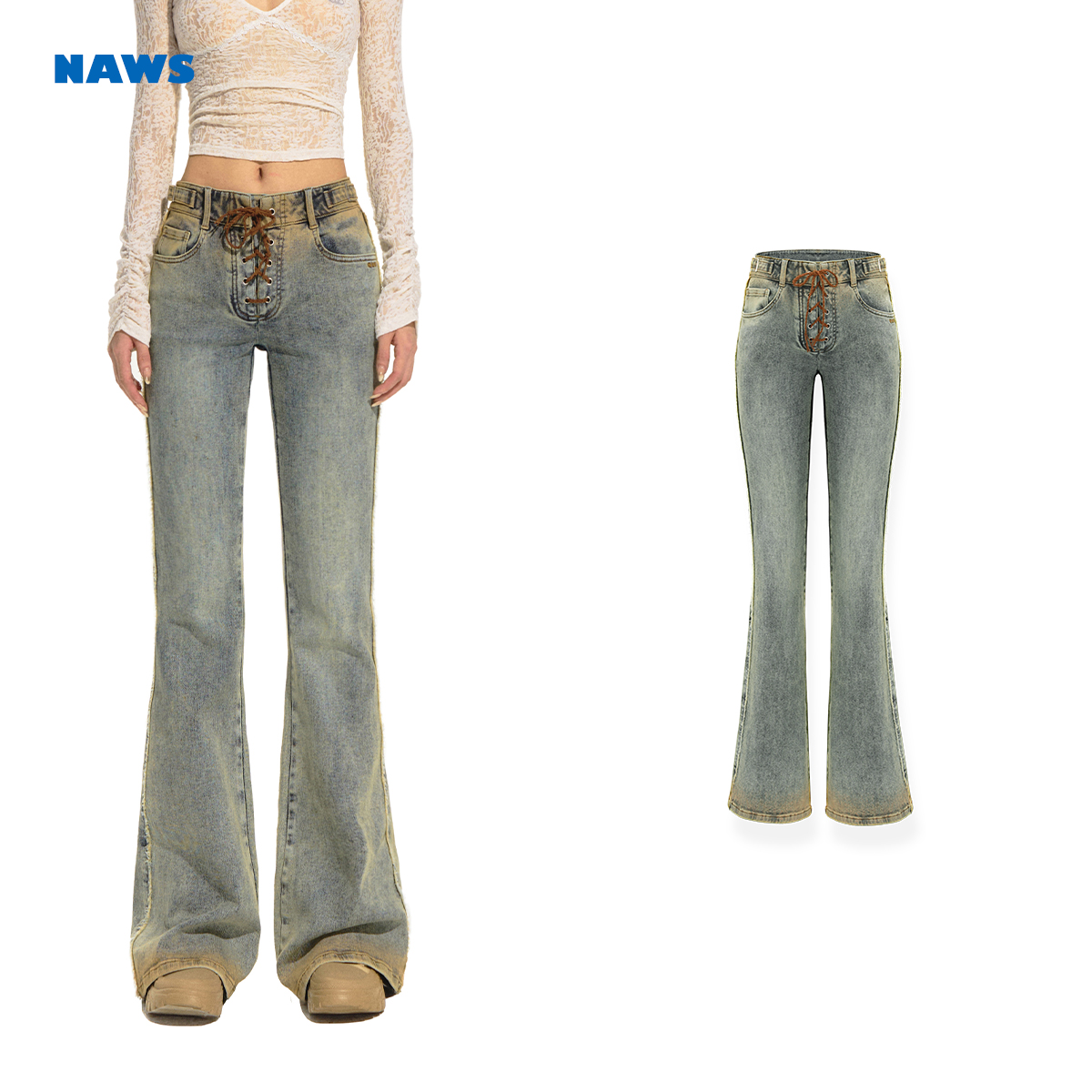 【芒狗专属】NAWS 皇家蓝 猎豹牛仔裤 水洗绑带设计豹纹口袋微喇裤