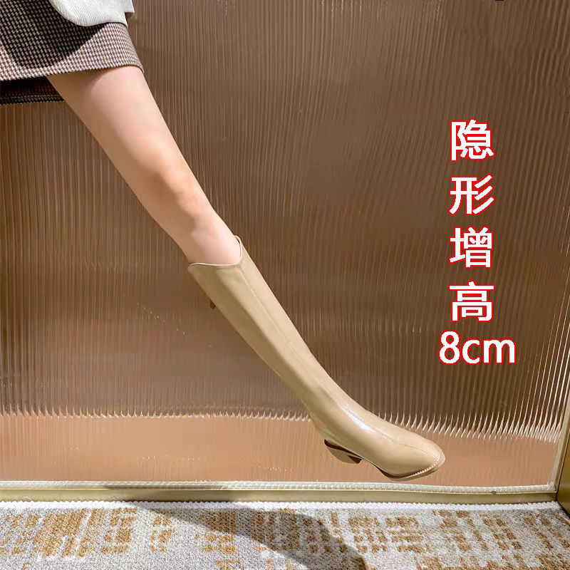 内增高长筒靴女尖头高筒靴白色v口骑士靴女小个子奶茶色长靴