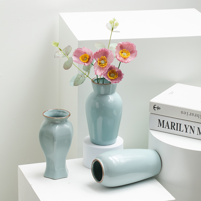 宿雨新中式复古创意汝窑陶瓷装饰干花水培花瓶客厅玄关插花摆件