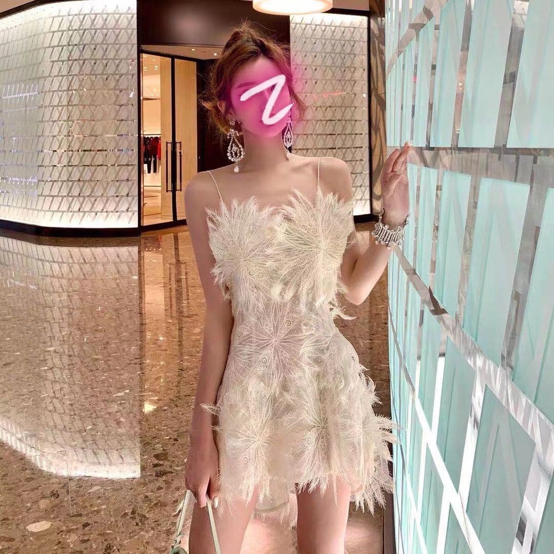 宴会蕾丝羽毛吊带连衣裙年夏季超仙的名媛婚纱赫本风小礼服裙潮