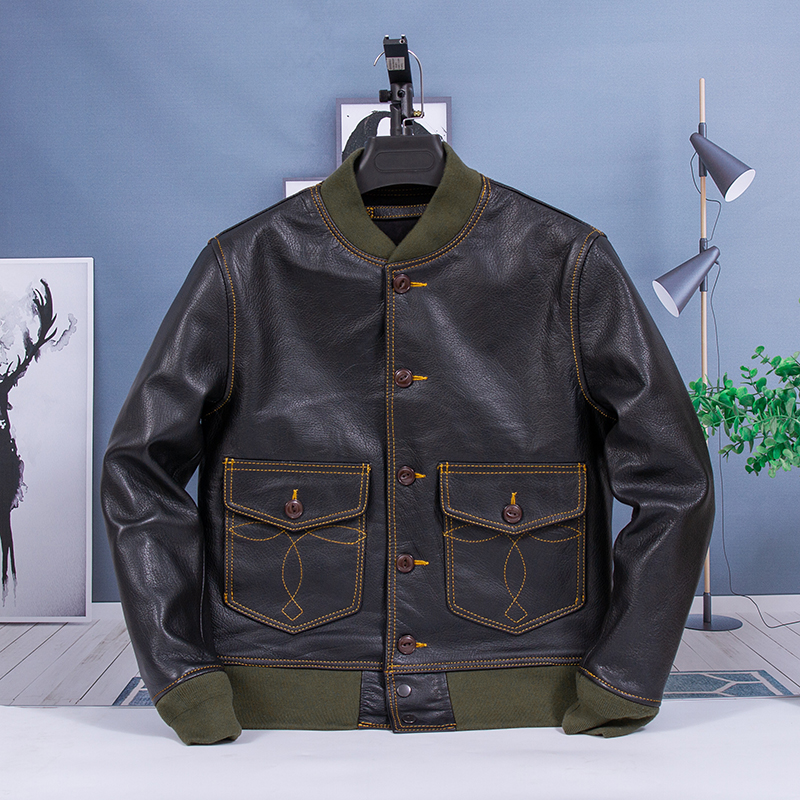 蜡染山羊皮缩纹仿鹿A1飞行服真皮夹克