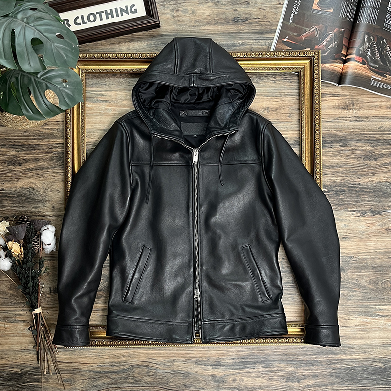  全粒面自然摔小牛皮连帽款修身夹克 秋季新款日系复古皮衣