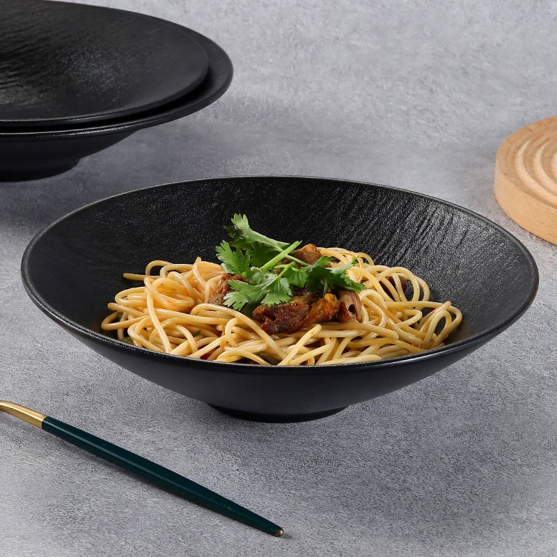 日式黑色密胺仿瓷斗笠浅碗网红拌面拌饭碗酒店餐厅汤碗沙拉碗商用