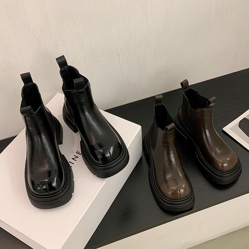 红蜻蜓牌切尔西马丁靴女秋冬靴2023新款大头厚底烟管中筒靴短靴洋