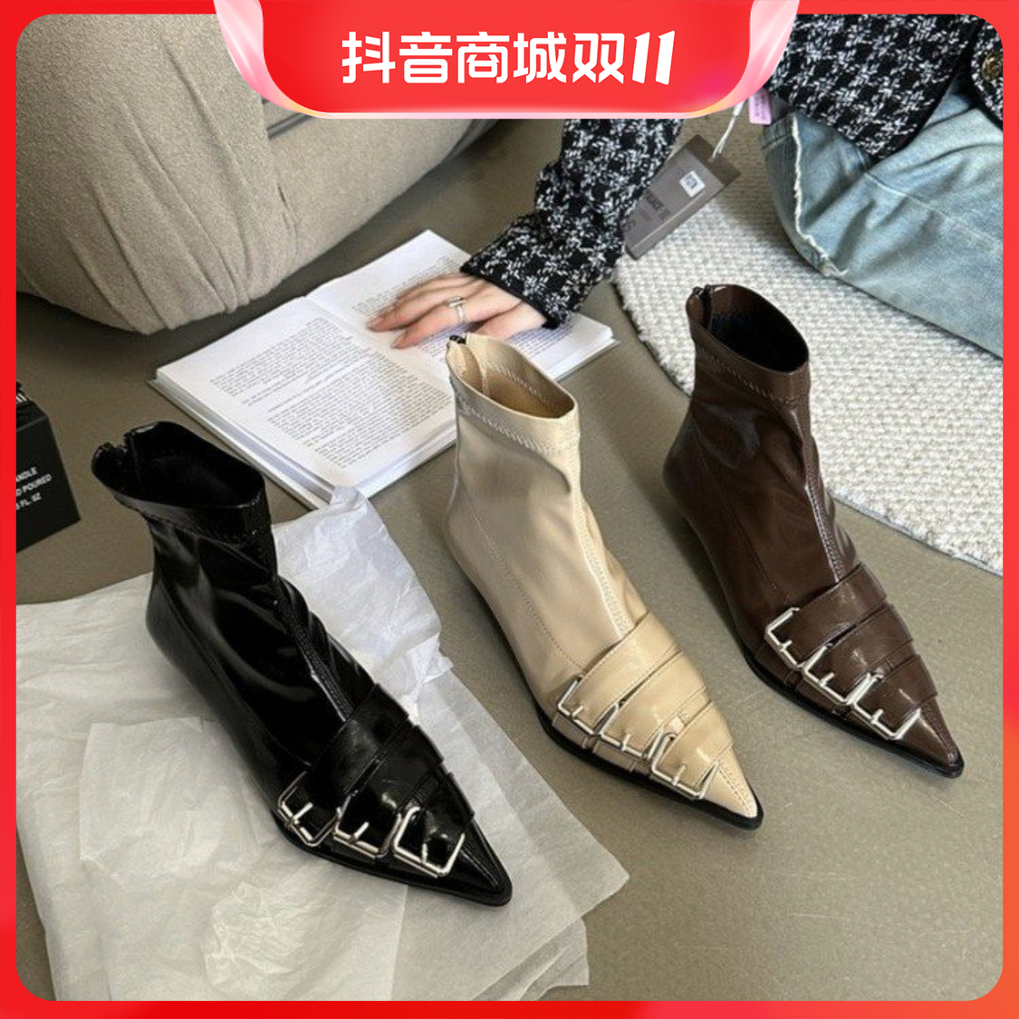 红蜻蜓牌欧版尖头皮带扣短靴粗跟马丁靴女春秋冬单靴2023年甜辣妹