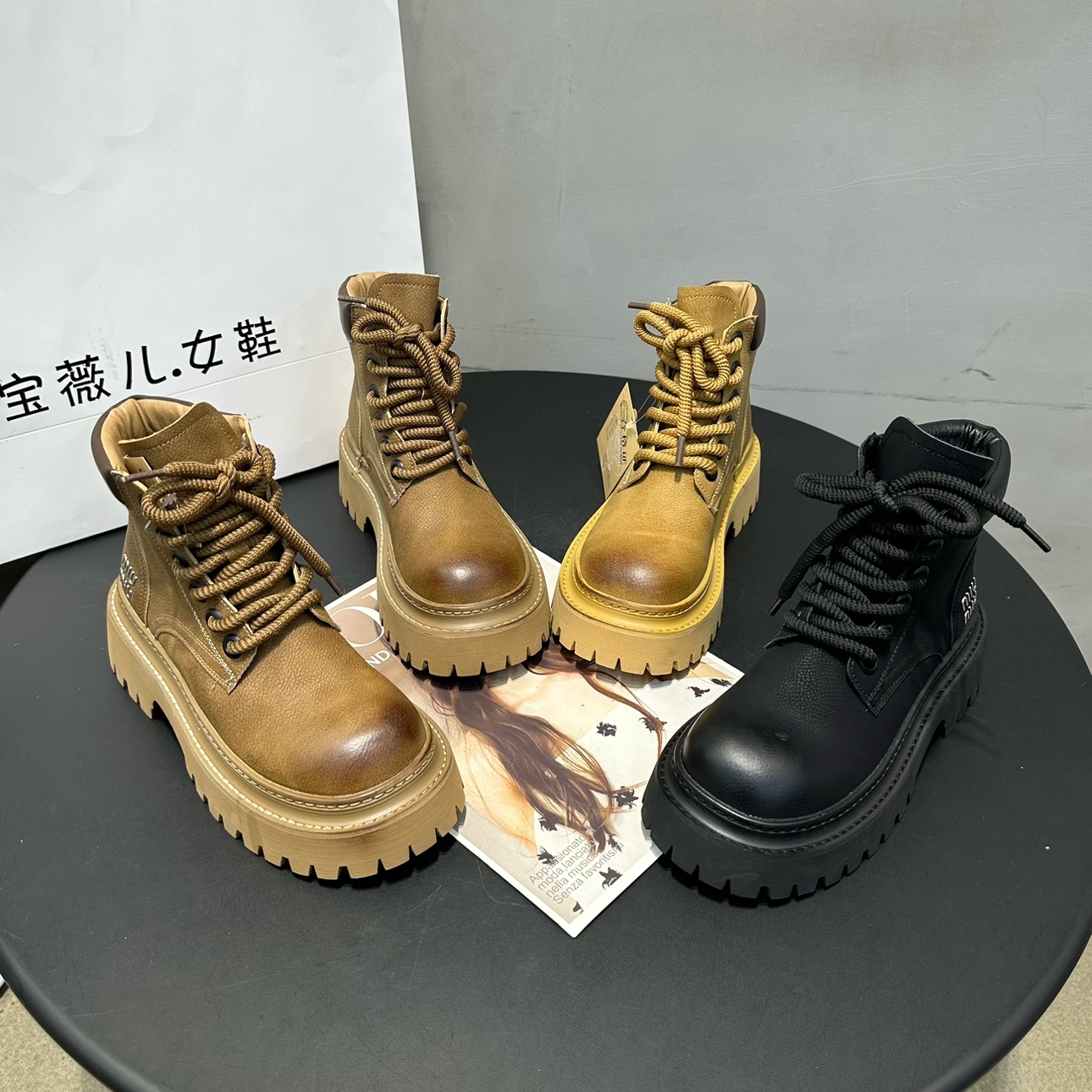 红蜻蜓牌真皮马丁靴女英伦风复古擦头系带短靴2023新款厚底工装靴