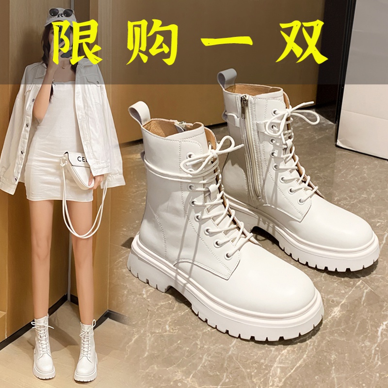 红蜻蜓牌真皮马丁靴女2023年春季新款白色爆款短靴英伦风厚底靴