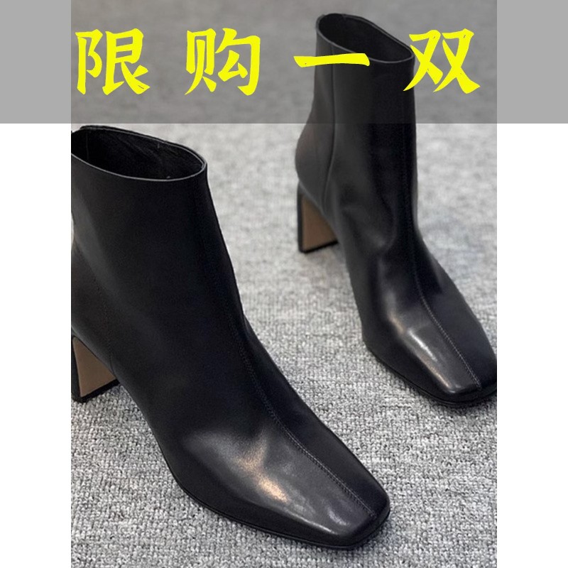 红蜻蜓牌女鞋2023秋冬方头短靴粗跟后拉链百搭高跟瘦瘦靴显腿长