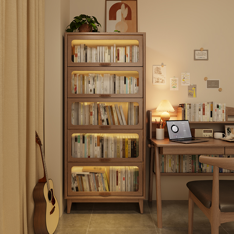 木屋记防尘书柜玻璃门实木书架透明带门落地家用儿童客厅收纳柜