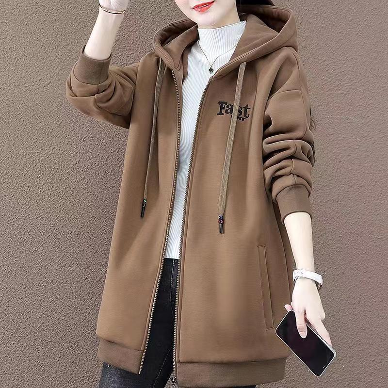 加绒加厚保暖连帽卫衣女2023新款中长款显瘦遮肉减龄风上衣外套潮