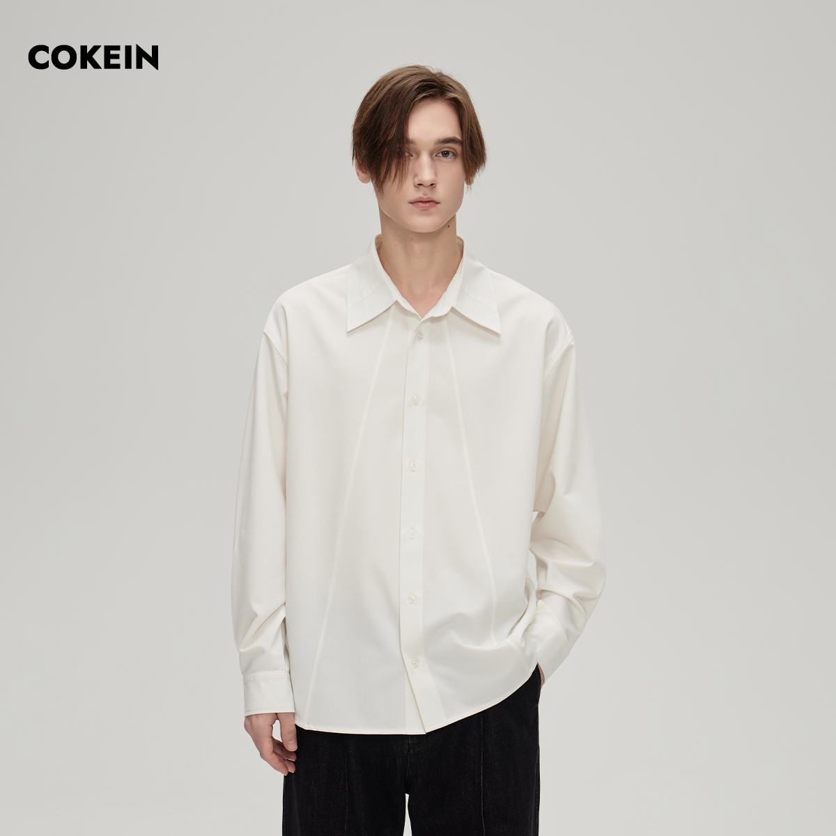 COKEIN秋冬纯色落肩袖衬衣男分割拼接设计休闲百搭绵羊毛衬衫外套