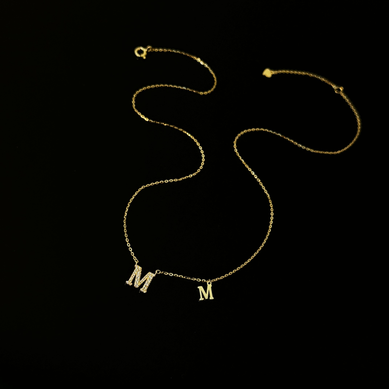 坠链均925银锆石 0874 时尚潮流感微镶M字母金色锁骨链