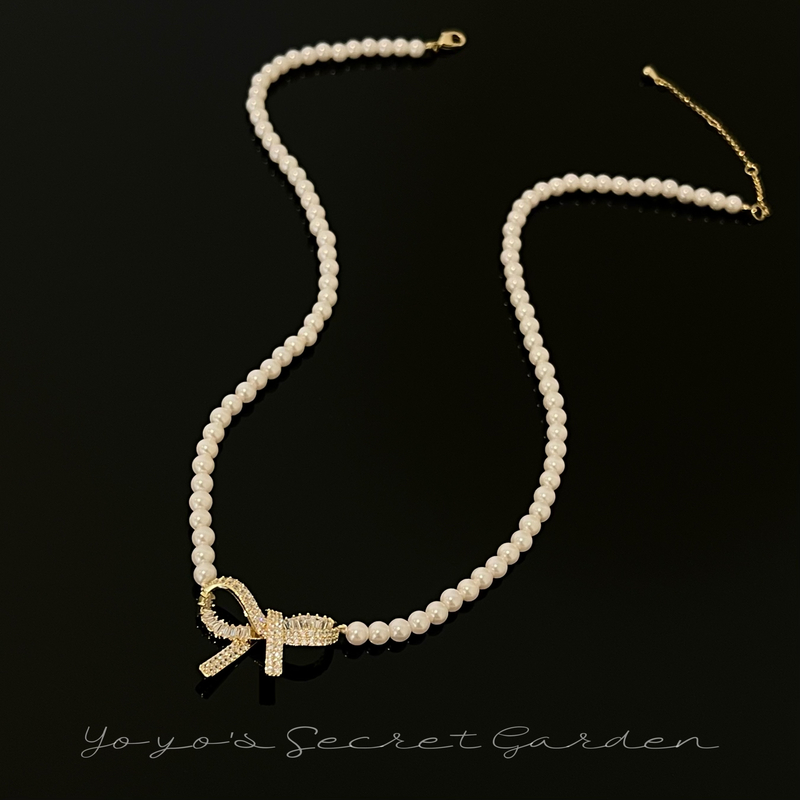 铜合金仿珍珠项链 2464甜欲精灵蝴蝶结4mm珠珠项链