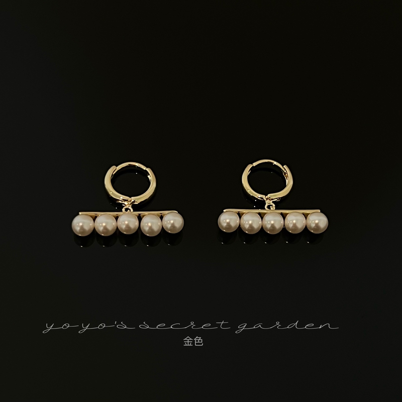 铜合金仿珍珠耳饰 874玫瑰同款~时尚潮流贝珠平衡木耳环