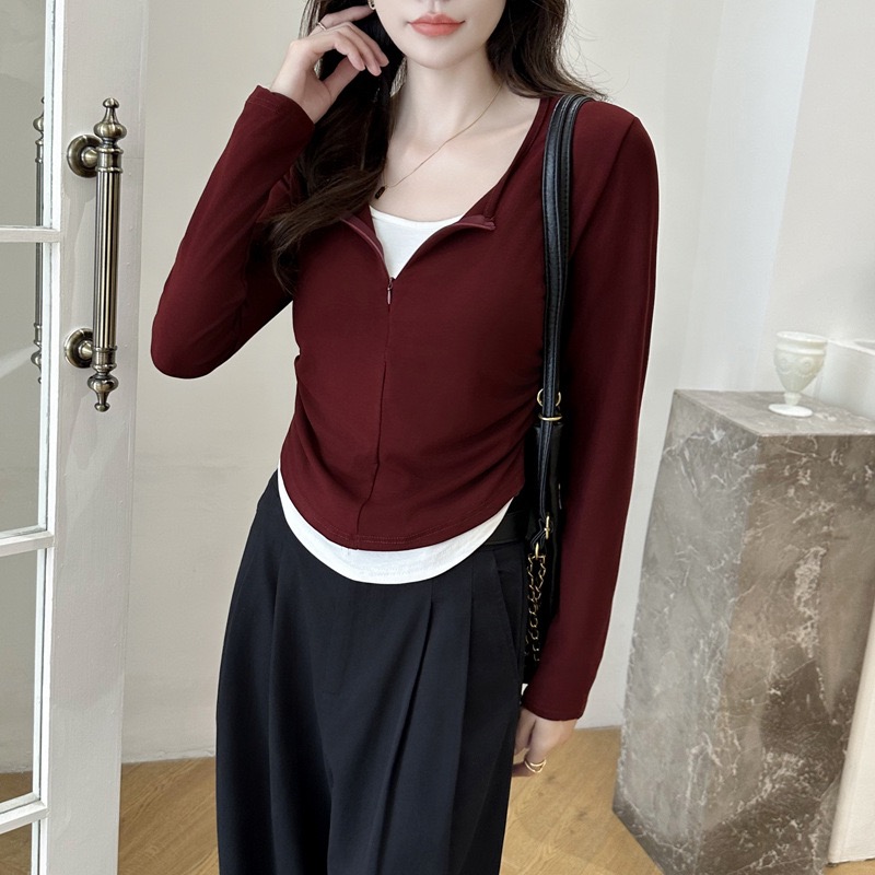 2025早秋时尚显瘦款拉链假两件长袖上衣洋气设计感百搭秋季休闲