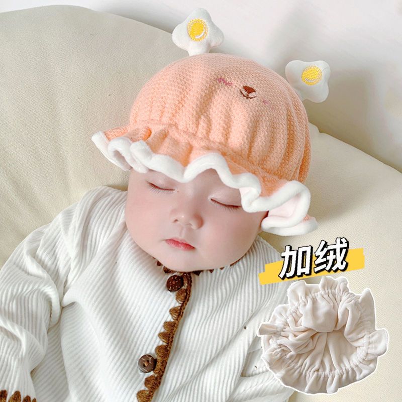 婴幼儿胎帽保暖加绒帽子秋冬新生儿可爱宝宝包头渔夫帽可调节