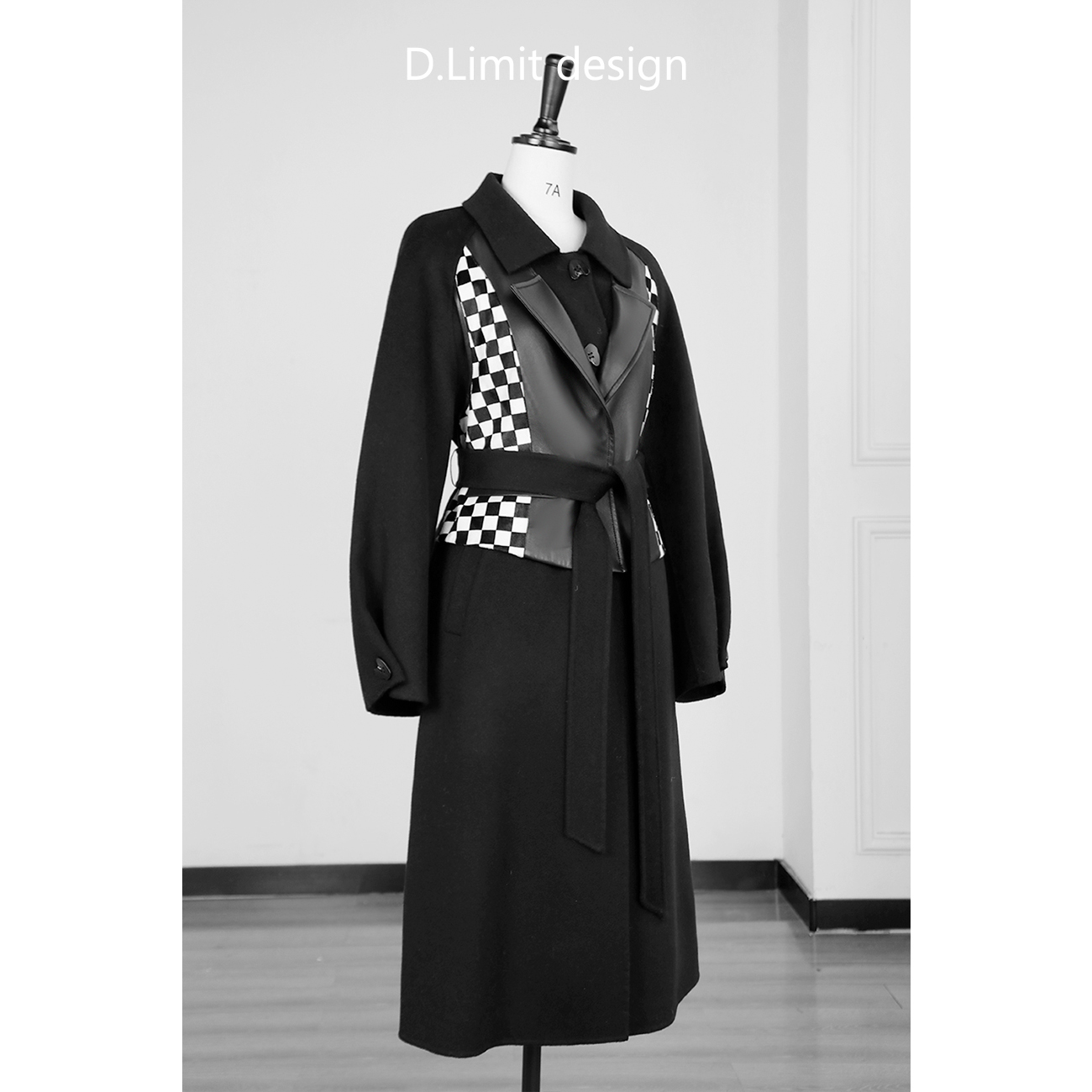  【D.Limit design】时尚假两件拼接棋盘格长款毛呢外套DL