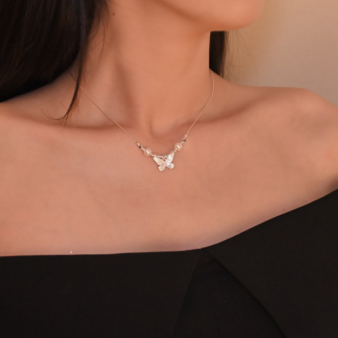 链子925银 925蝴蝶珍珠方锆项链气质轻奢时尚小众仙气链长45cm