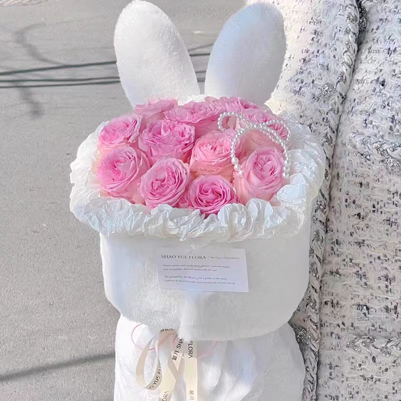 小香风兔子耳朵花束外包情人节鲜花纸材料圆形花束布装饰包装材料