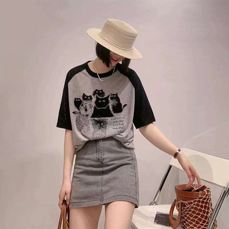 【门店298】冰丝女短袖竹节棉插肩袖减龄针织衫夏季薄款T恤女休闲