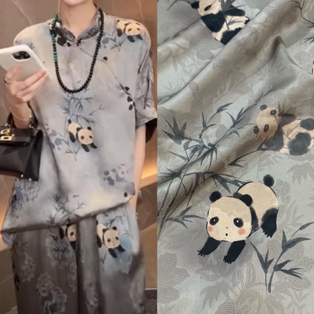 国风灰色熊猫抱竹仿红云纱花萝裙子旗袍套装面料布料