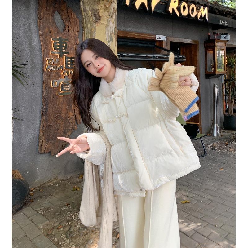 雅鹿新中式国风盘扣丝绒羽绒棉服女冬季九江晋江加厚棉衣棉袄二棉