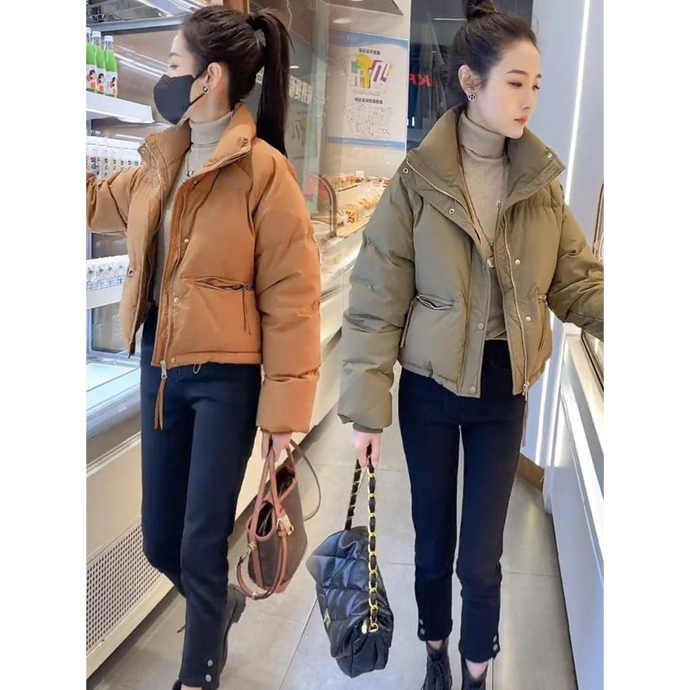 雅鹿2023年新款冬季女士羽绒服小个子短款白鸭绒纯色立领面包服外