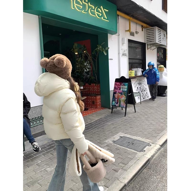 雅鹿粉色短款90白鸭绒羽绒服女2023年冬季袖子可拆卸小个子面包服