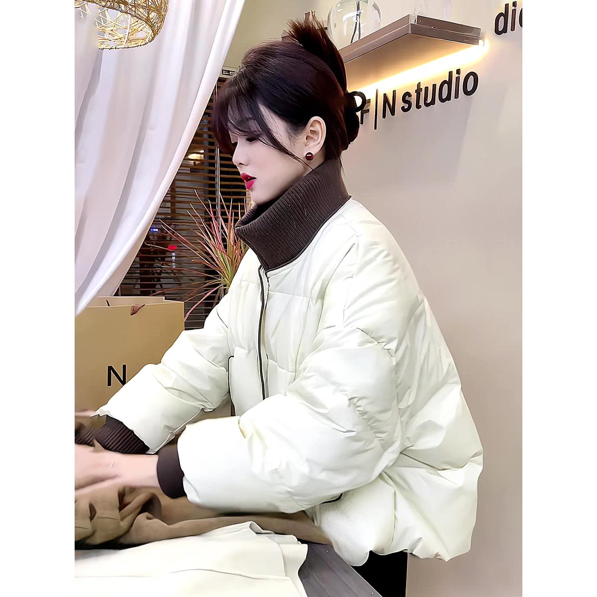 雅鹿欧货针织拼接短款羽绒棉服女秋冬2023新款大码设计感翻领棉袄